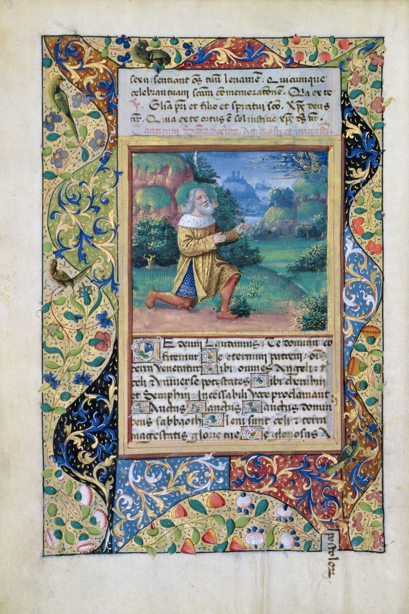 neiti Lat. Q.v.I.126 fol.17v Kuningas Daavid katumuksessa Isän Jumalan edessä, Louis dOrleansin tuntikirjasta, 1490 tekijältä Jean Colombe