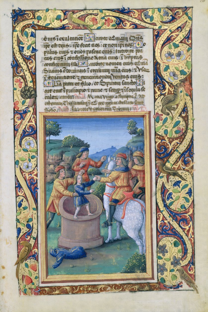 neiti Lat. Q.v.I.126 fol.20 Joseph noudetaan kaivosta ja myydään ismaelilaisille, Louis dOrleansin tuntikirjasta, 1490 tekijältä Jean Colombe