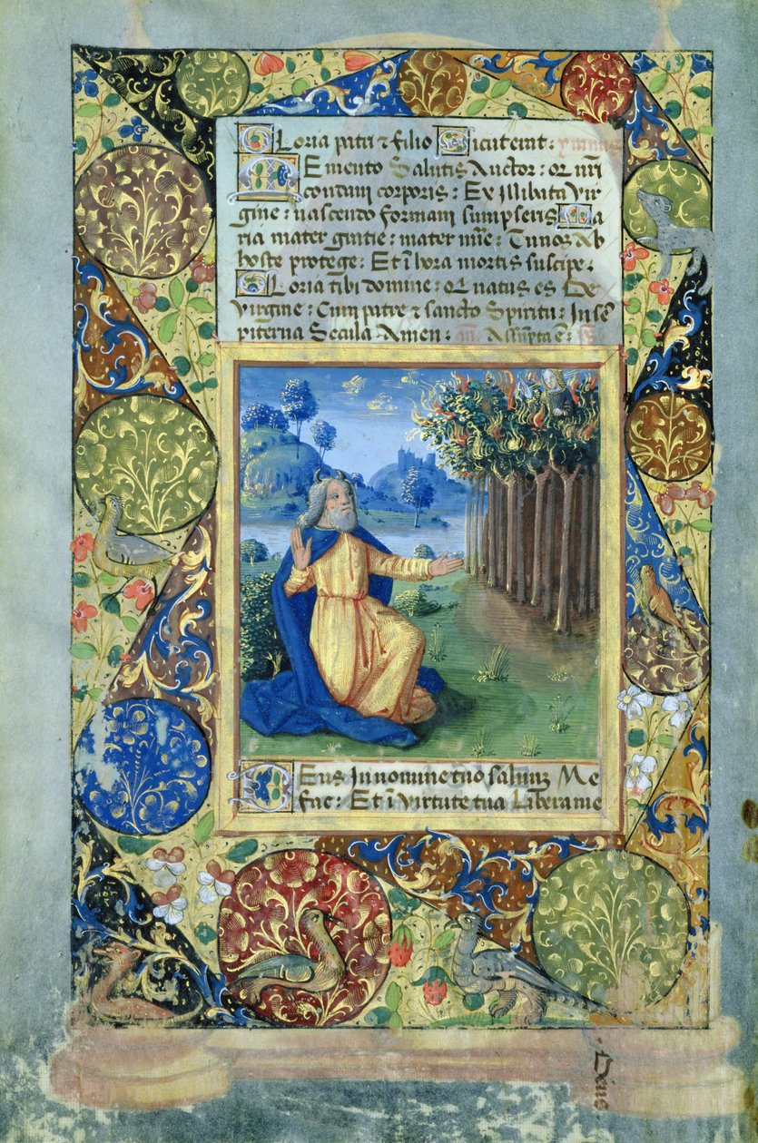neiti Lat. Q.v.I.126 fol.25v Mooses palavan pensaan edessä, Louis dOrleansin tuntikirjasta, 1490 tekijältä Jean Colombe