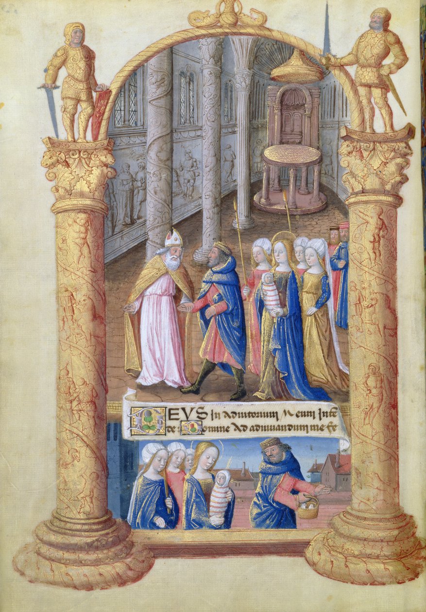 neiti Lat. Q.v.I.126 fol.33v Kristus-lapsen esitys temppelissä, Louis dOrleansin tuntikirjasta, 1490 tekijältä Jean Colombe