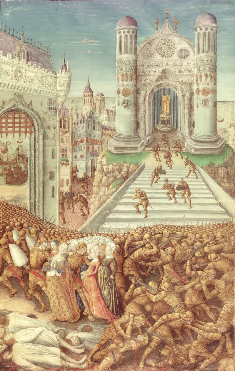 Nouv Acqu Fr 24920 fol.12 The Abduction of Helen, "History of the Destruction of the Troy", noin 1500 tekijältä Jean Colombe