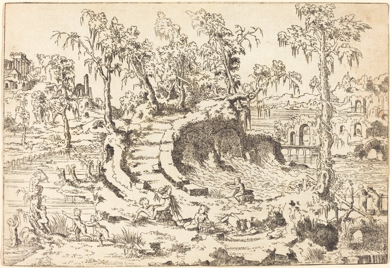 Putti leikkii fantastisessa maisemassa tekijältä Jean Cousin the Younger