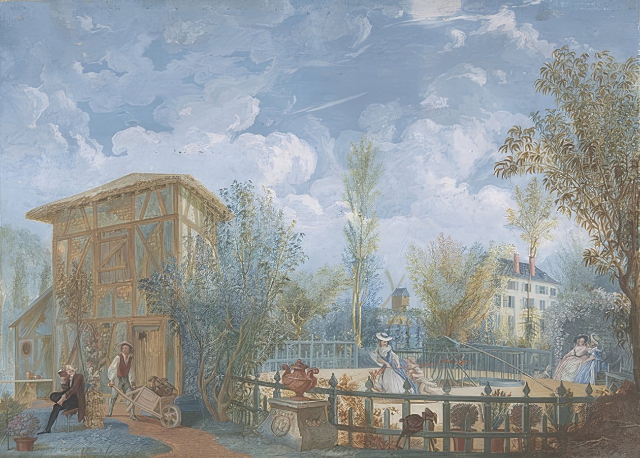 Ihmisiä puutarhassa. 1784 tekijältä Jean Démosthène Dugourc