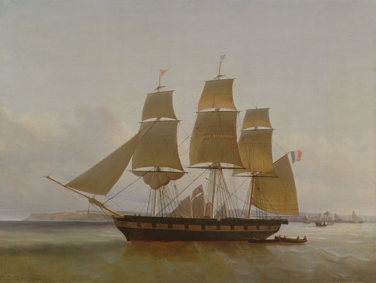Kolmimastoinen vene Le Havren satamassa, 1846 tekijältä Jean Dominique Drouin