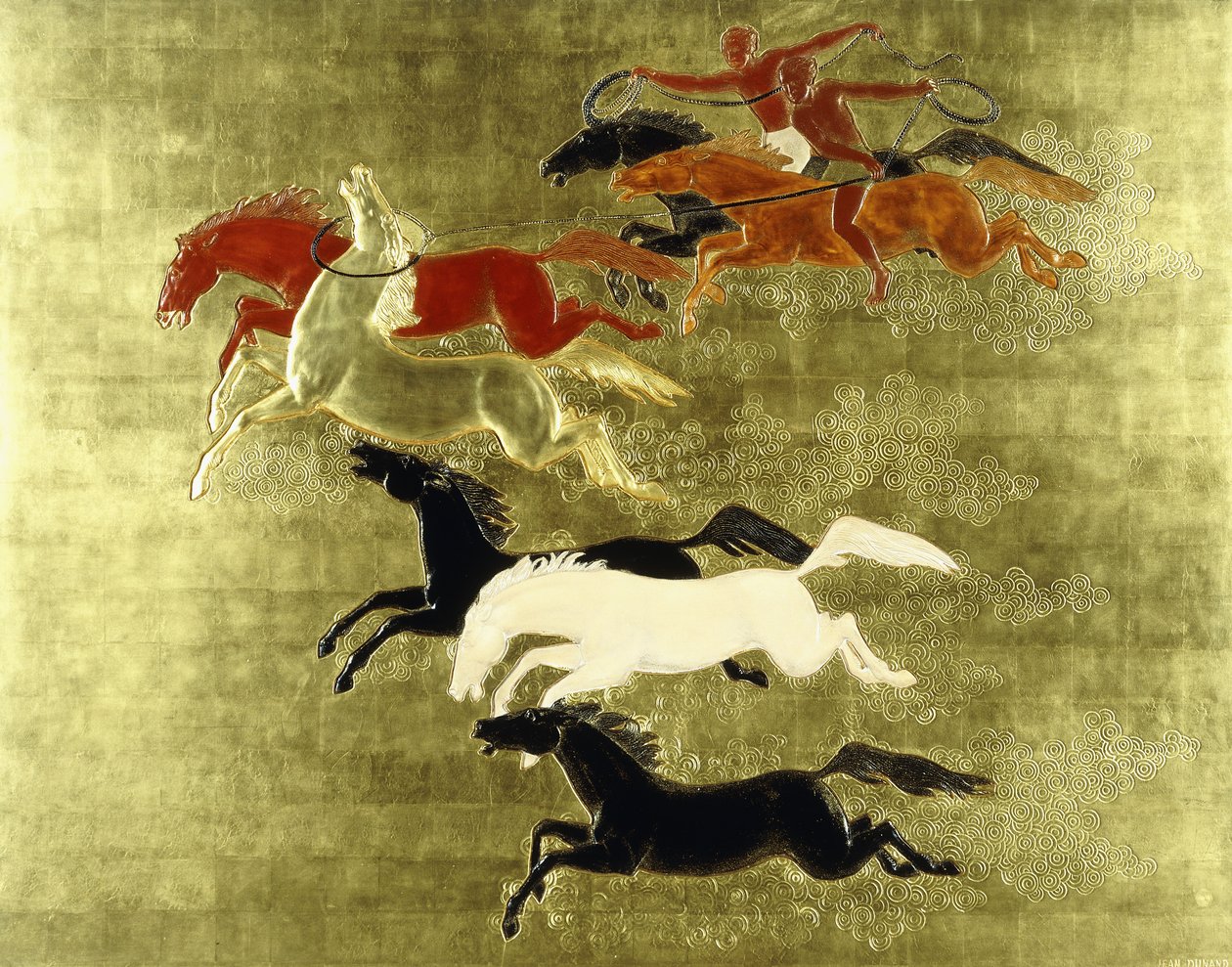 Hevosen valloitus; La Conquete du Cheval, n. 1934 (lakattu ja kullattu paneeli) tekijältä Jean Dunand