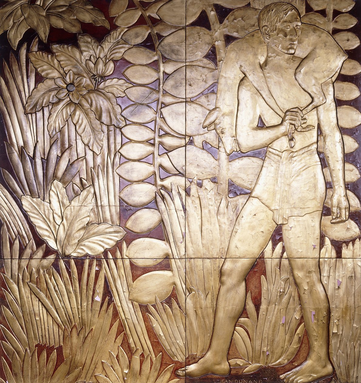 Neljä lakattua ja kullattua puupaneelia "La Chase", n. 1935-1949 tekijältä Jean Dunand