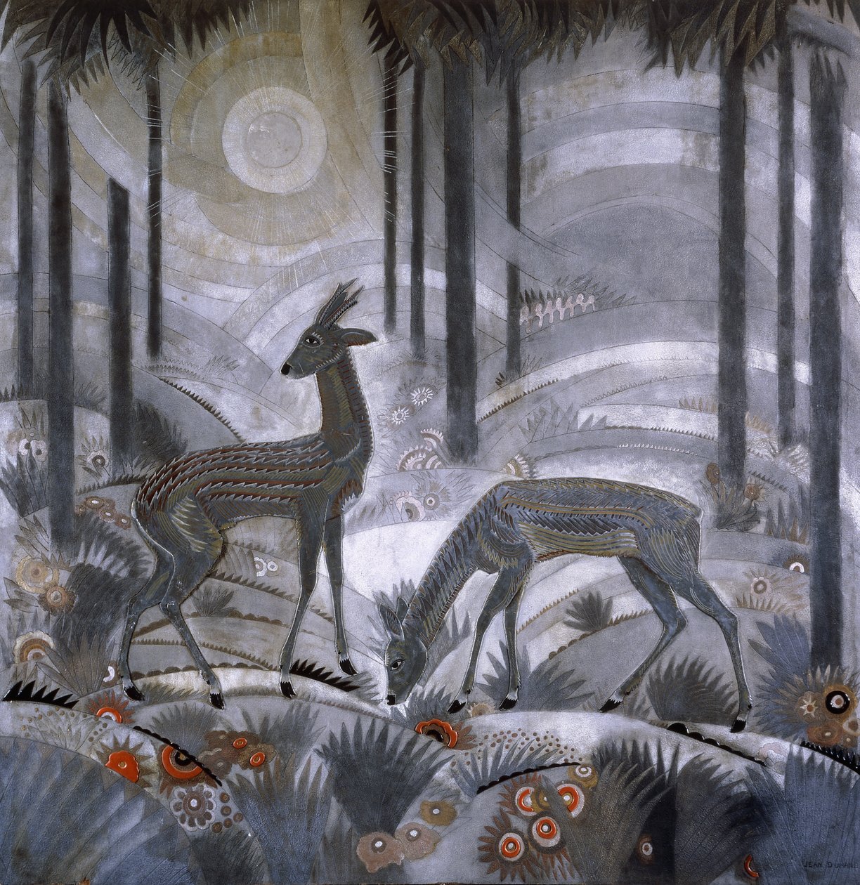 Kaksi peuraa metsässä, n.1929 (lakattu puupaneeli) tekijältä Jean Dunand