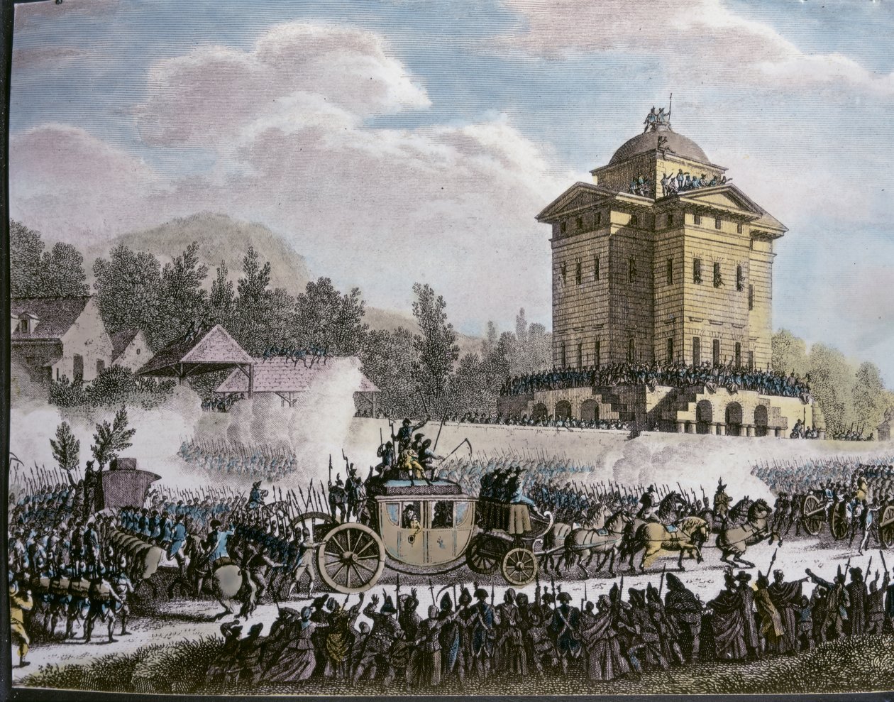 Kuningas Ludvig XVI saapuu Pariisiin pidätyksensä jälkeen Varennesissa 25. kesäkuuta. tekijältä Jean Duplessi Bertaux