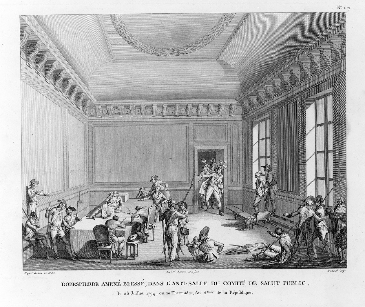 Robespierre toi haavoittuneena 28. heinäkuuta 1794 yleisen turvallisuuden komitean salin vastaisessa salissa engr. Pierre Gabriel Berthault (1748-1819) tekijältä Jean Duplessi Bertaux
