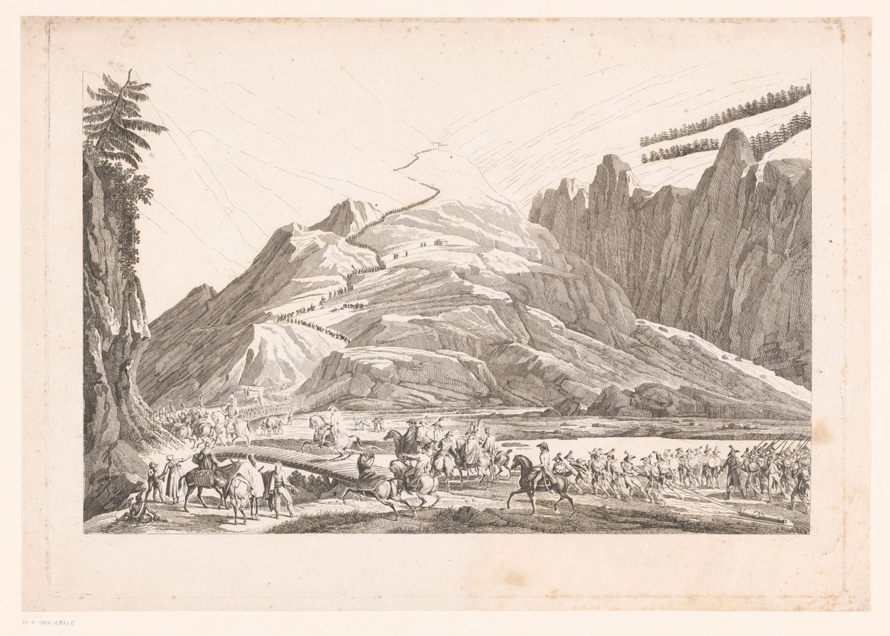 Vuoristomaisema ja matkustava ratsuväki (otsikko esineessä) tekijältä Jean Duplessis Bertaux (attributed to)