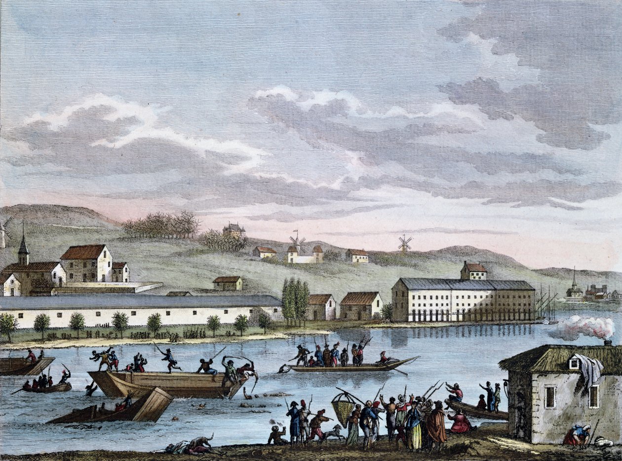 Nantesin hukkumiset "Ranskan vallankumouksen historialliset maalaukset" -sarjan jälkeen, kaiverrettu Reinier Vinkeles (1741-1816) ja Daniel Vrydag (1765-1822) 1700-luvun lopulla tekijältä Jean Duplessis Bertaux