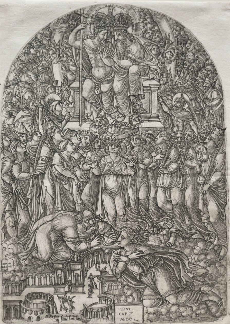 Apokalypsi: Lukematon joukko, joka seisoo valtaistuimen edessä, 1555. tekijältä Jean Duvet
