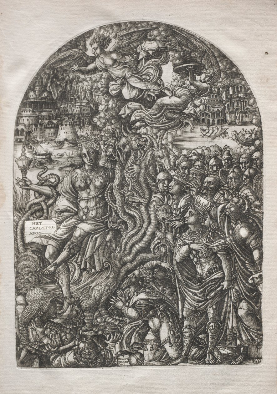 The Apocalypse: Babylon the portto, istuu seitsemänpäisen pedon selässä, 1546-1556. tekijältä Jean Duvet