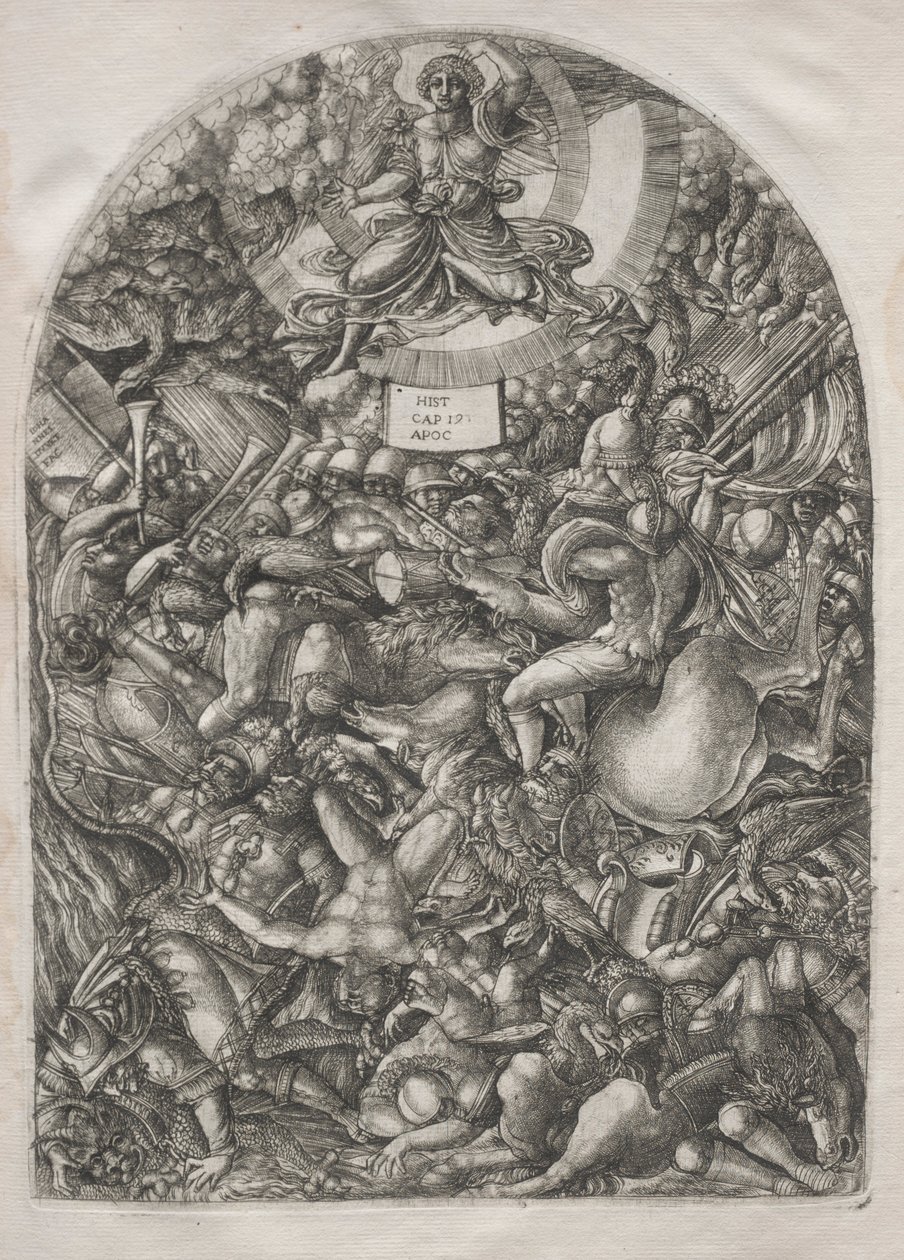 Apokalypsi: Enkeli auringossa kutsumassa petolintuja, 1546-1556. tekijältä Jean Duvet
