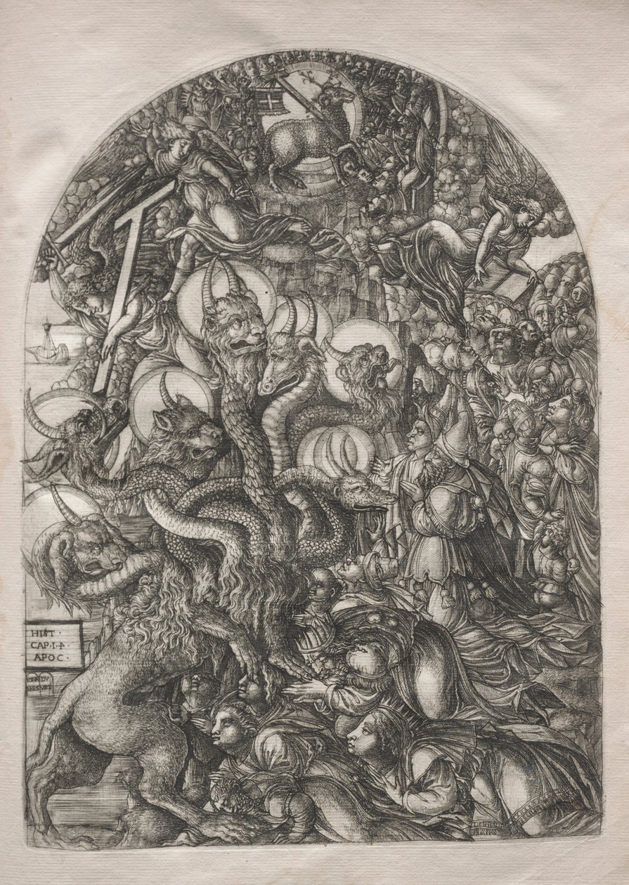 Apokalypsi: Peto, jolla on seitsemän päätä ja kymmenen sarvea, 1546-1556. tekijältä Jean Duvet