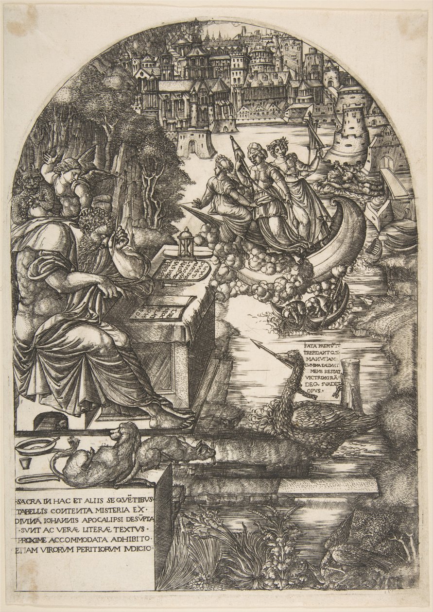 Taiteilija Jean Duvet evankelista Pyhän Johanneksen hahmossa istumassa pöydän ääressä, n. 1546-55. tekijältä Jean Duvet