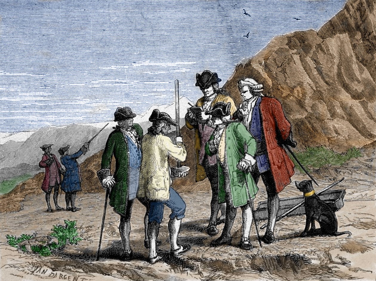 Florin Perier mittasi Evangelista Torricellin tai Toricellin korkeusbarometria (elohopeaputki) Blaise Pascalin ilman painovoimakokeen aikana Puy de Domen huipulla (1648). Kaiverrus Yan Dargent. tekijältä Jean Edouard Dargent