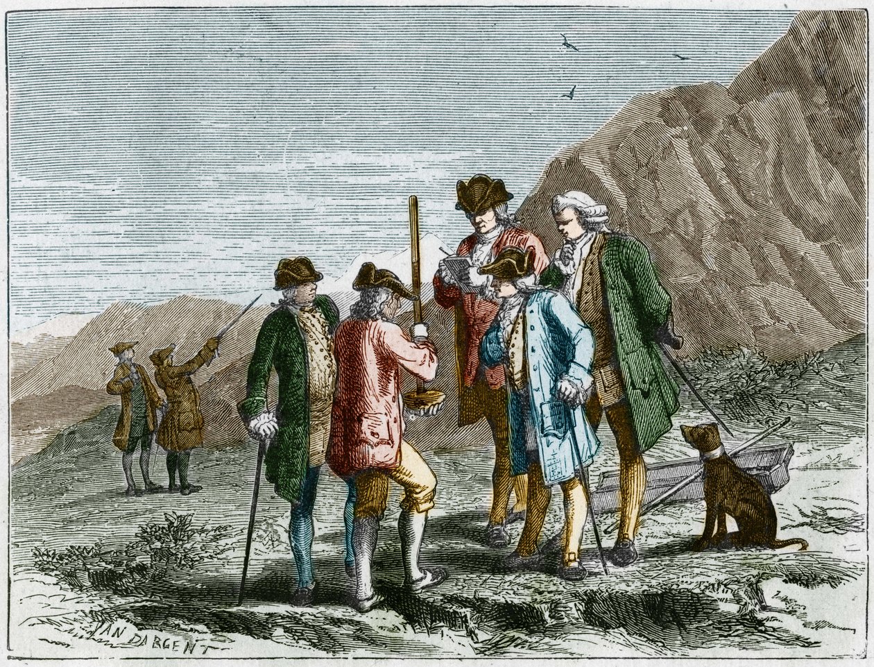 Florin Perier mittasi Evangelista Torricellin tai Toricellin barometrin (elohopeaputken) korkeutta Blaise Pascalin ilman painovoiman kokeessa Puy de Domen huipulla (1648). Kaiverrus Yan Dargent. tekijältä Jean Edouard Dargent