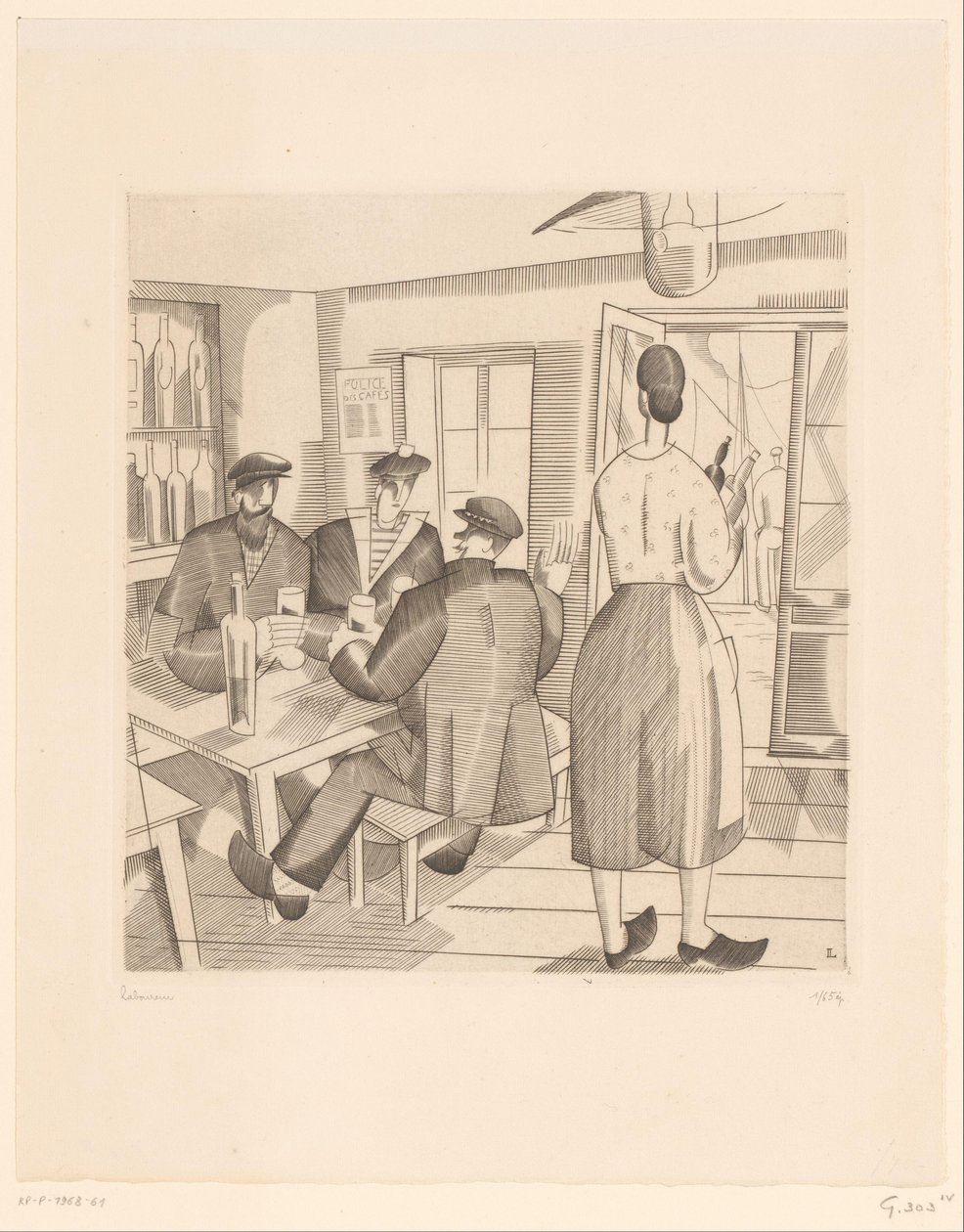 Kahvilan sisustus asiakkaiden ja tarjoilijan kanssa Cabaret Vendeen tekijältä Jean Emile Laboureur (signed by artist)