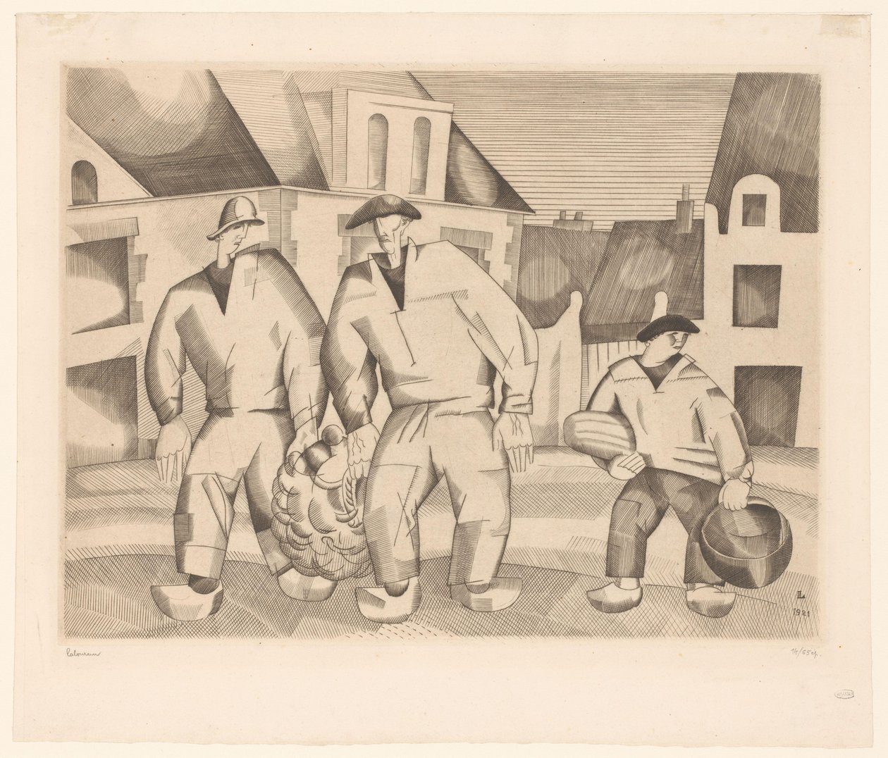 Kolme merimiestä kadulla Les trois marins tekijältä Jean Emile Laboureur (signed by artist)