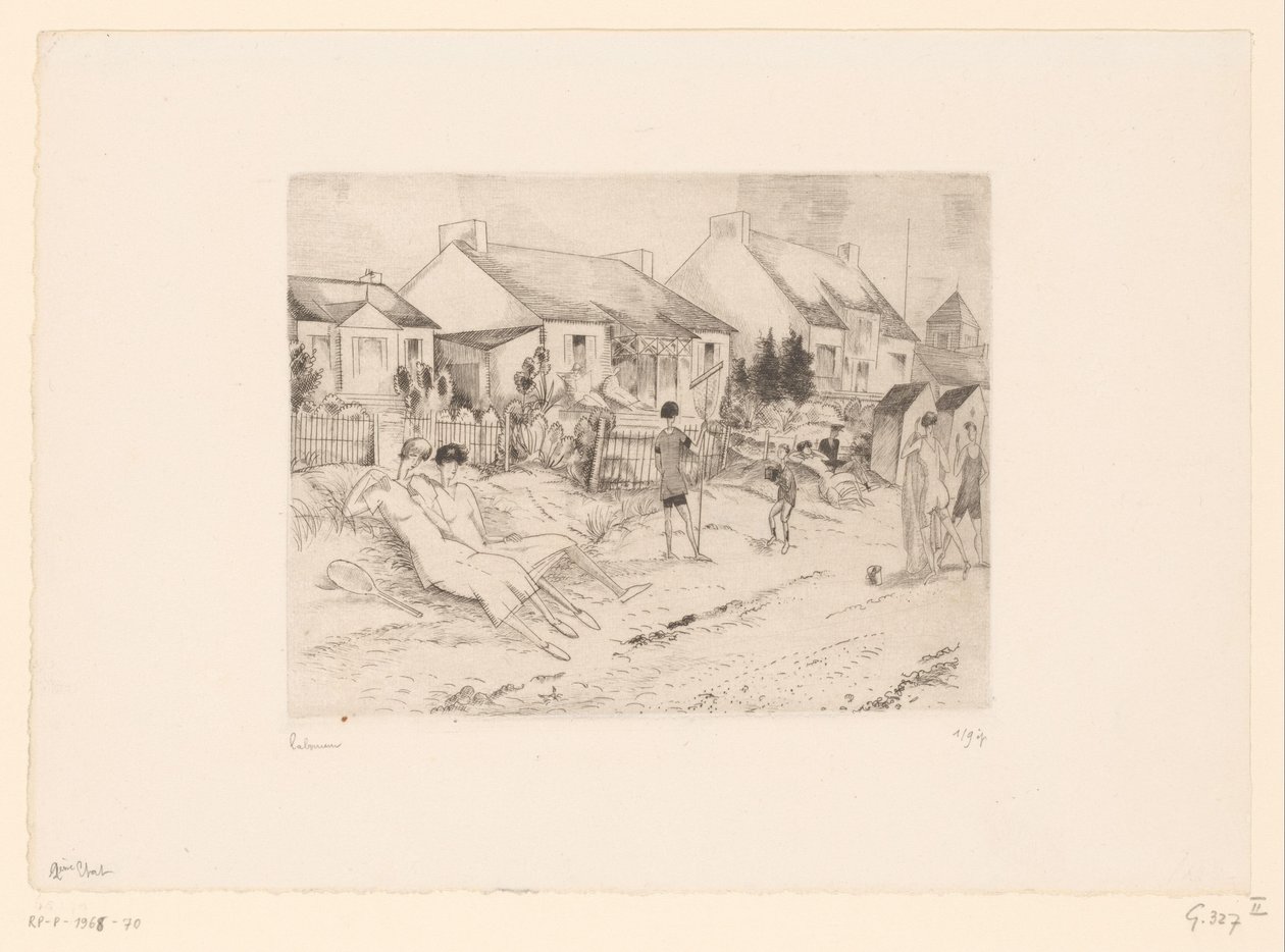 Tennispelaajat lepäämässä rannalla La petite plage (otsikko esineessä) tekijältä Jean Emile Laboureur (signed by artist)