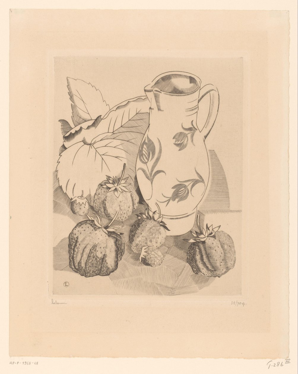 Asetelma mansikoiden ja kannun kanssa les fraises tekijältä Jean Emile Laboureur (signed by artist)