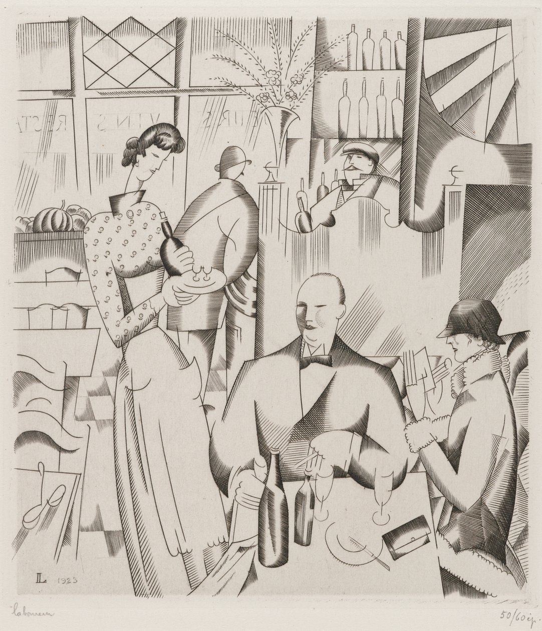 Illallinen Bistossa (Le diner chez le bistrot), 1923 (kaiverrus kudottupaperille) tekijältä Jean Emile Laboureur