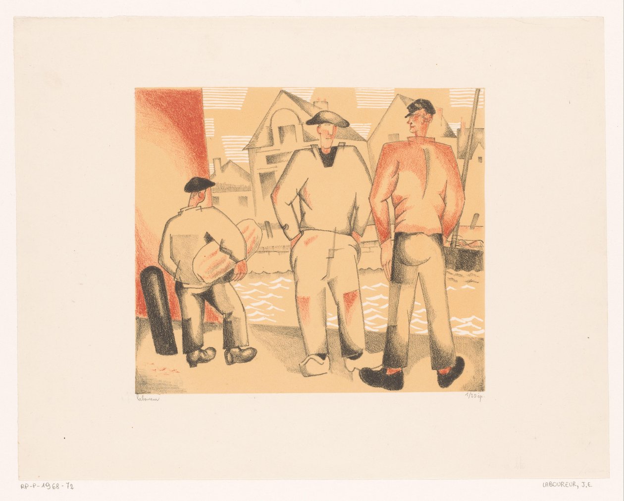 Drie vissers aan de kade Kalastajat ja sammal tekijältä Jean Emile Laboureur