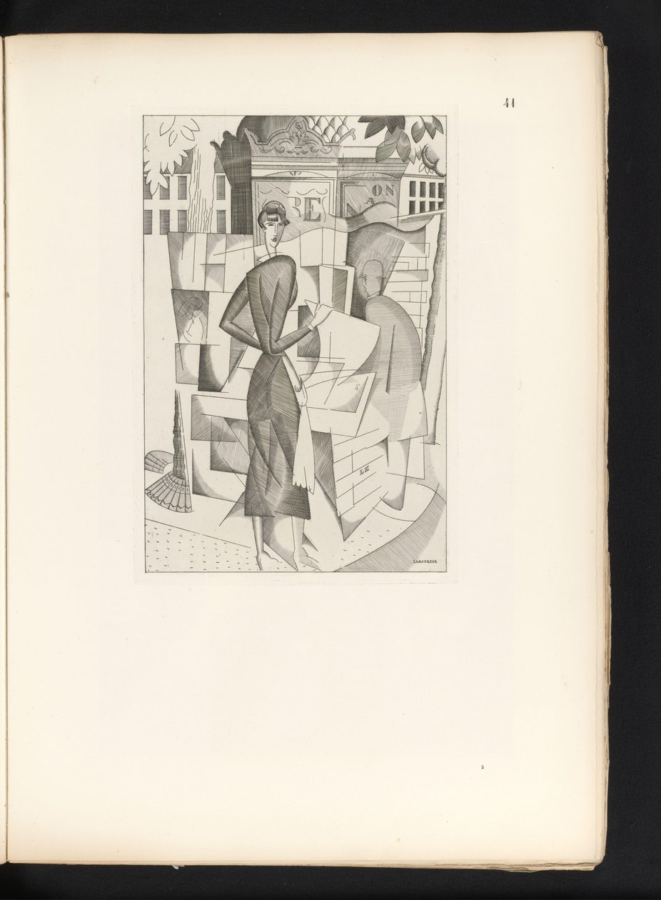 Mies ja nainen sanomalehtikioskissa Le kiosque a journaux (alkuperäinen nimi) tekijältä Jean Emile Laboureur