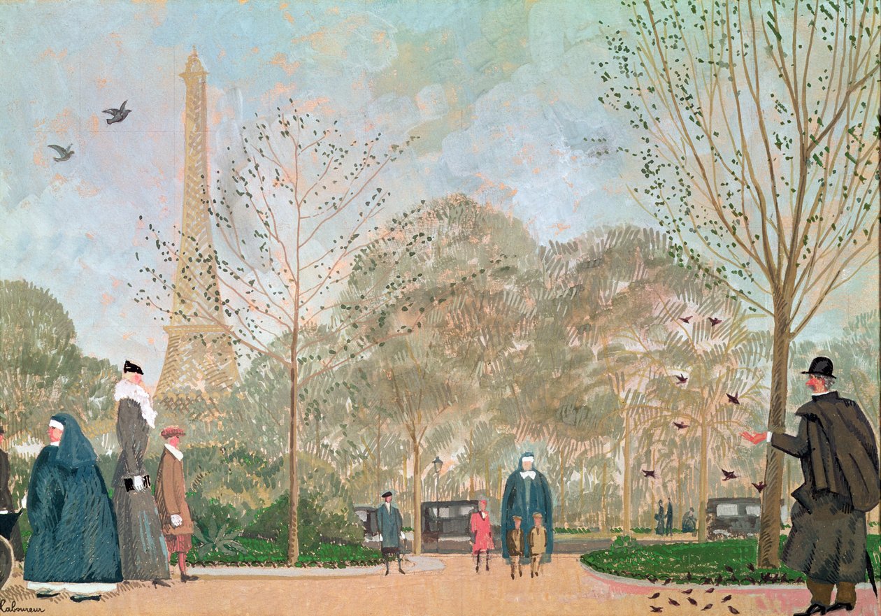 Kävely Jardins du Trocaderossa, noin 1920 tekijältä Jean Emile Laboureur