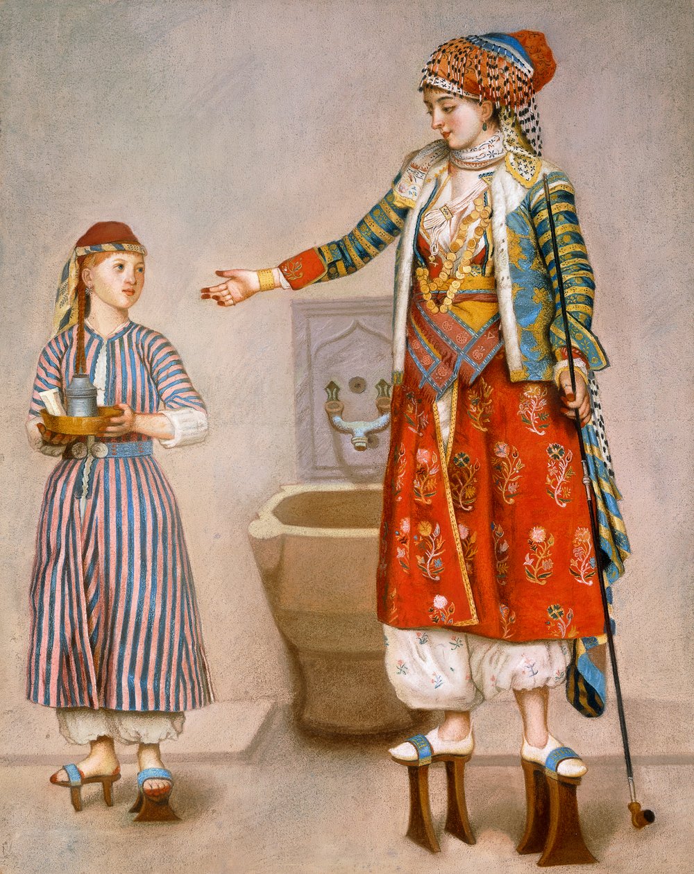 Nainen turkkilaisasussa hamamissa neuvomassa palvelijaansa, tekijältä Jean Étienne Liotard