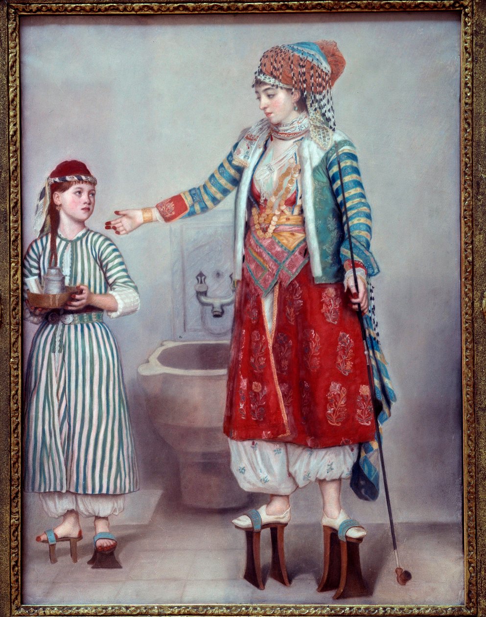 Orientalismi: "" Franco-nainen pukeutunut turkkilaiseen ja hänen orjaansa"" Kaksi naista käyttävät puisia tasoja, joita käytetään hamamissa. Pastellimaalaus Jean Etienne Liotard (1702-1789) 1742 Dim. 0,71 x 0,53 m Geneve, musee d