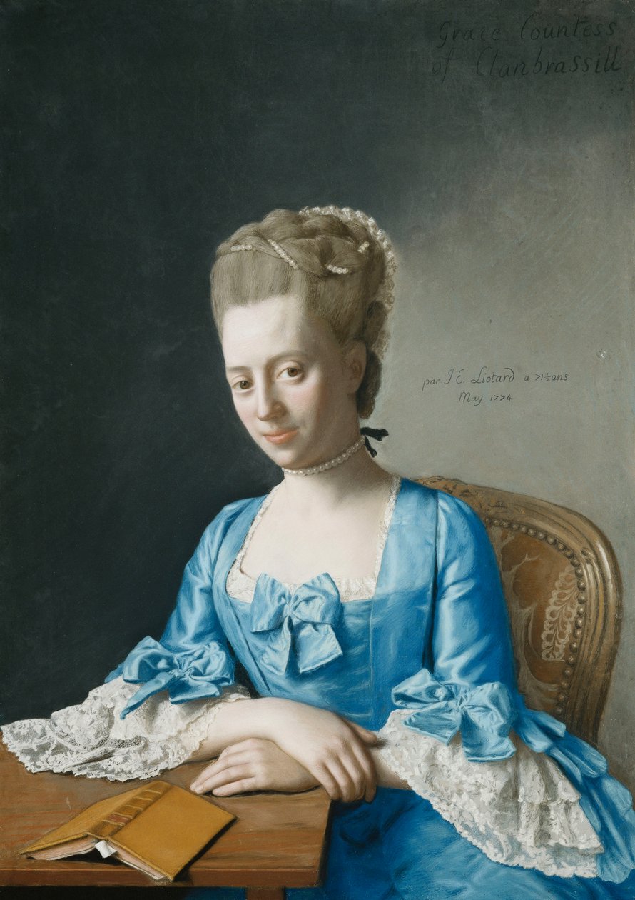 Gracen muotokuva, Clanbrassilin kreivitär, s. Foley, puolipitkä, sinisessä mekossa, istuu pöydän ääressä, kätensä ristissä, 1774 tekijältä Jean Étienne Liotard