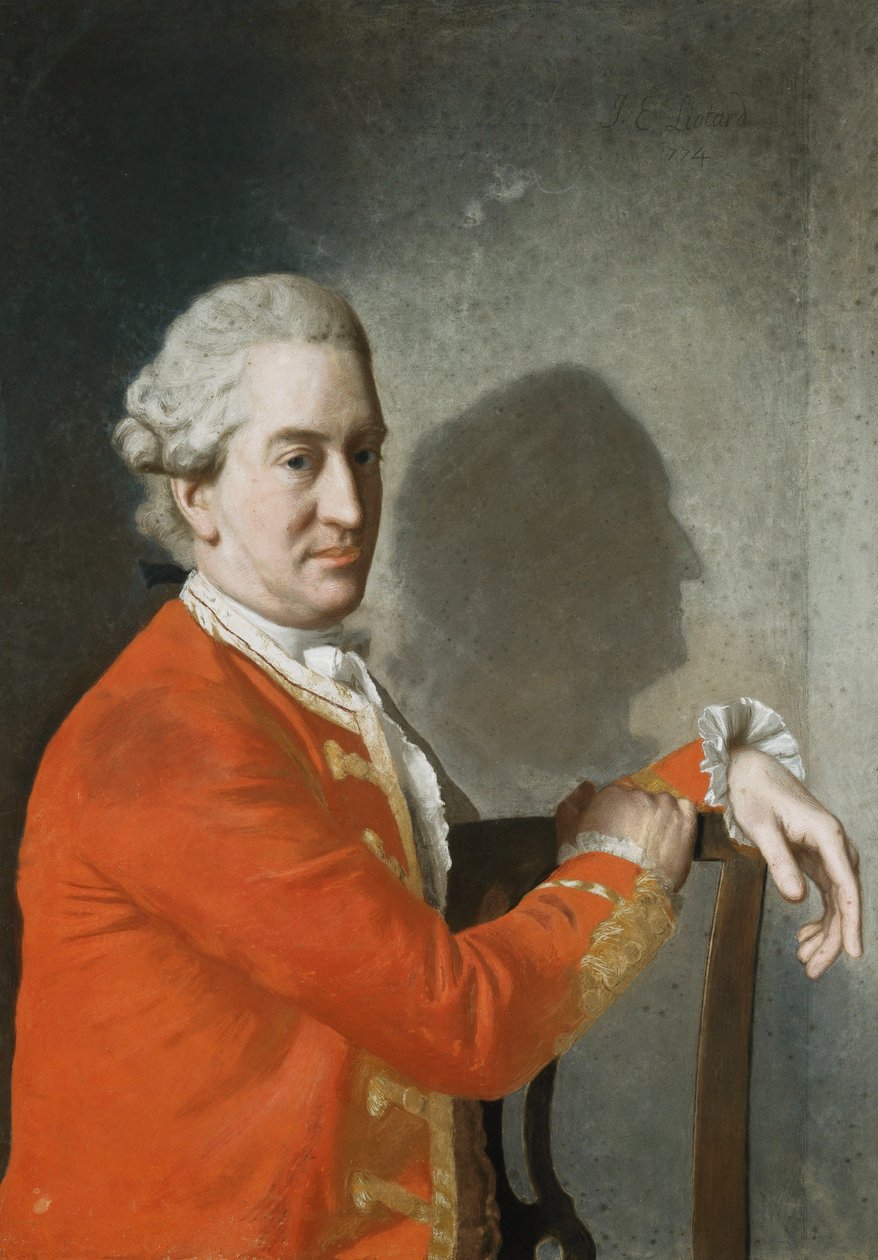 James Hamiltonin, Clanbrassilin 2. jaarlin, muotokuva, puolipitkä, punaisessa takkissa, istuu mahonkituolissa, hänen profiilinsa heitettynä varjoissa seinälle, 1774 tekijältä Jean Étienne Liotard
