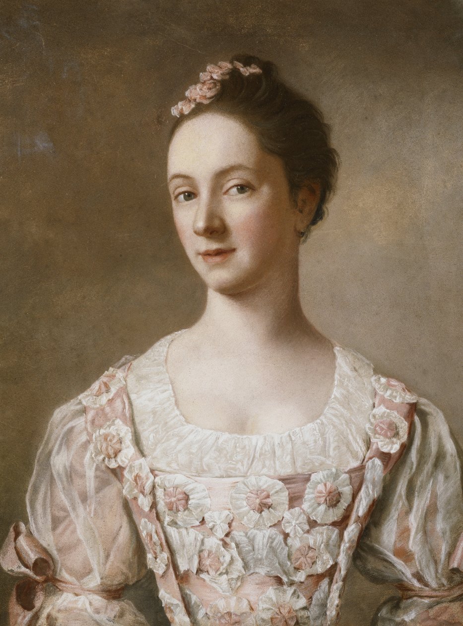 Naisen muotokuva, puolipitkä, vaaleanpunaisessa ja valkoisessa mekossa, tekijältä Jean Étienne Liotard