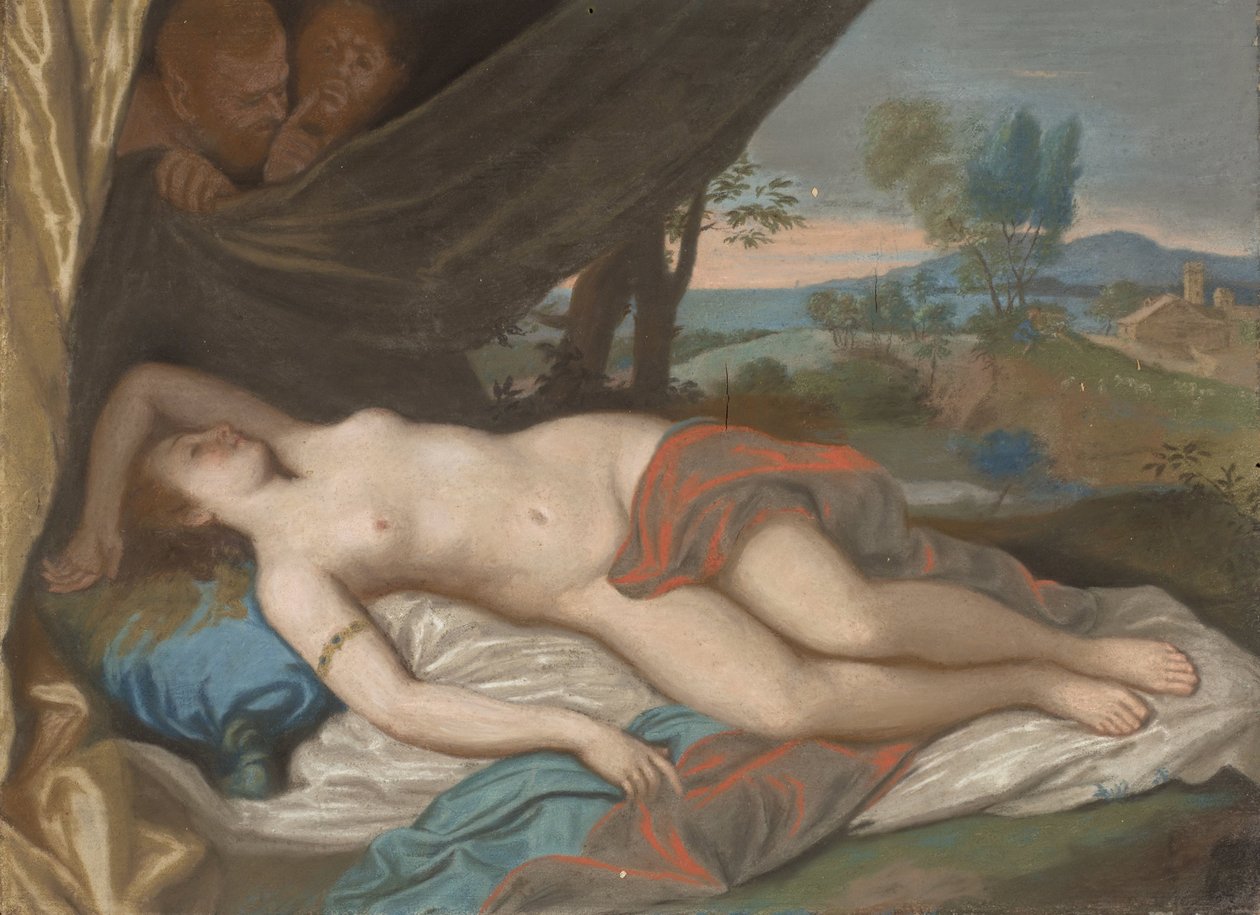 Satyrs vakoilee nukkuvaa nymfiä Satyyrit vakoilevat nukkuvaa nymfiä Anthony van Dyckin jälkeiseen printtiin perustuvan maalauksen jälkeen tekijältä Jean Étienne Liotard