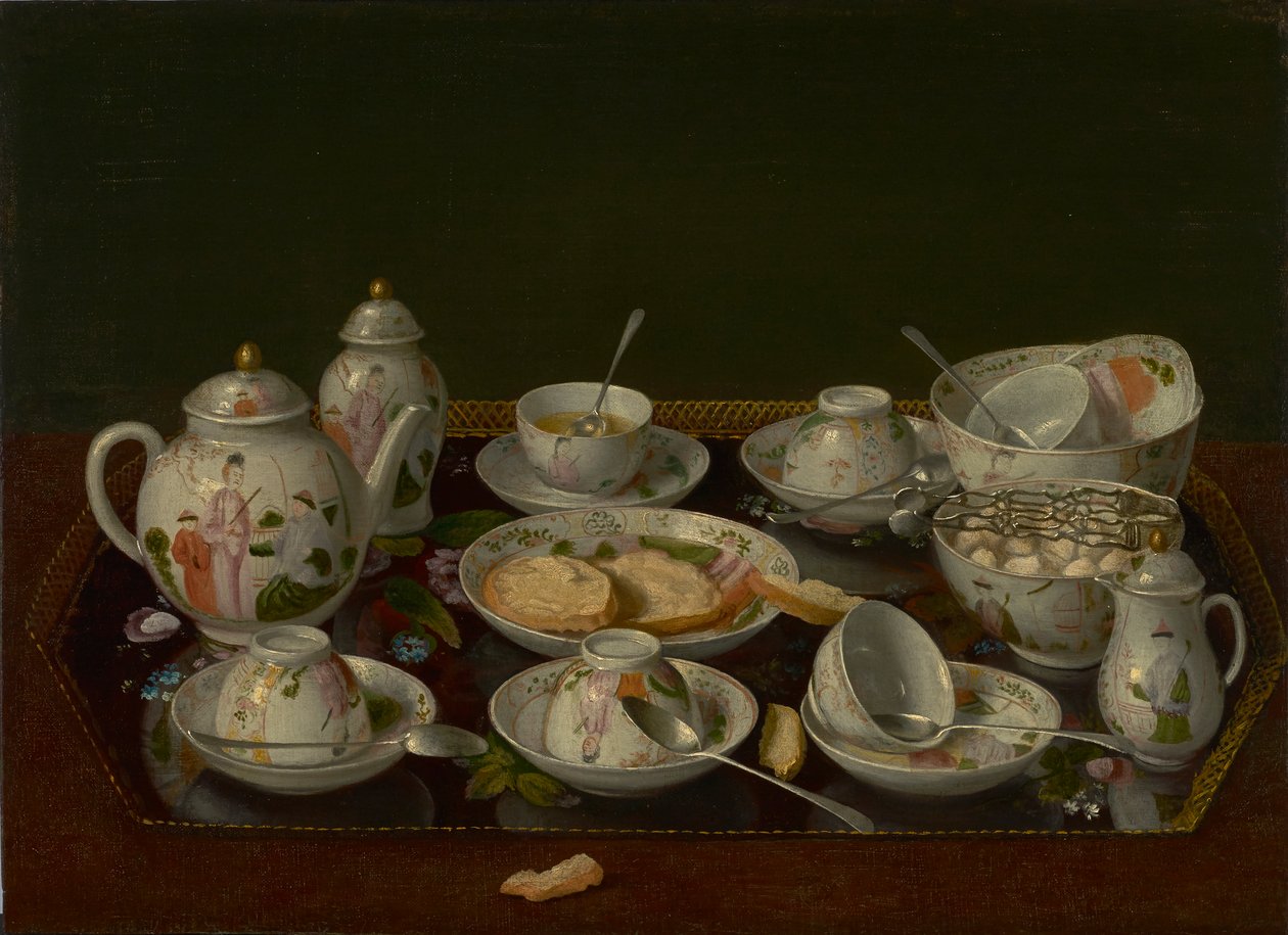 Asetelma: Teesetti, n. 1781-3 (öljy kankaalle kiinnitetty levylle) tekijältä Jean Étienne Liotard