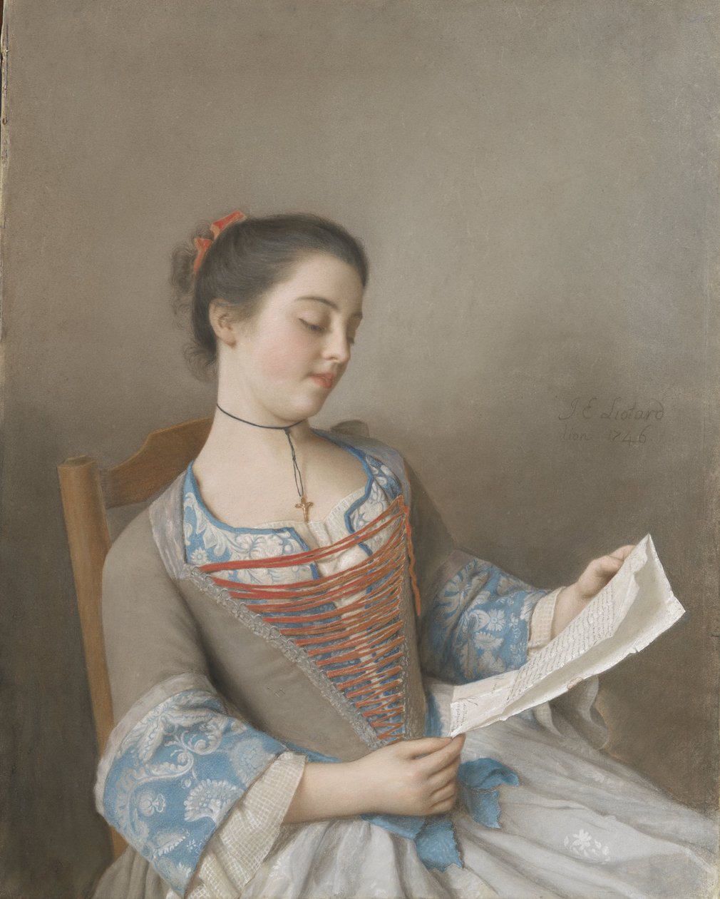 Taiteilijan veljentytär Marianne Lavergne, joka tunnetaan nimellä "La Liseuse" "La liseuse" (Marianne Lavergne, taiteilijan veljentytär, Lyonin maalaismekossa) tekijältä Jean Étienne Liotard