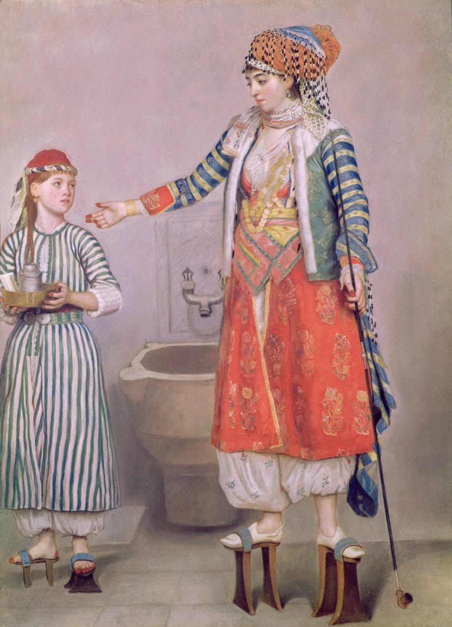 Turkkilainen nainen palvelijansa kanssa (pastelli paperille) tekijältä Jean Étienne Liotard