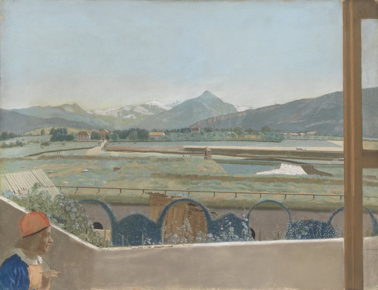 Näkymä Mont Blancin vuoristoon päin Geneven taiteilijastudiosta, jossa omakuva, 1765-70 (pergamentti) tekijältä Jean Étienne Liotard