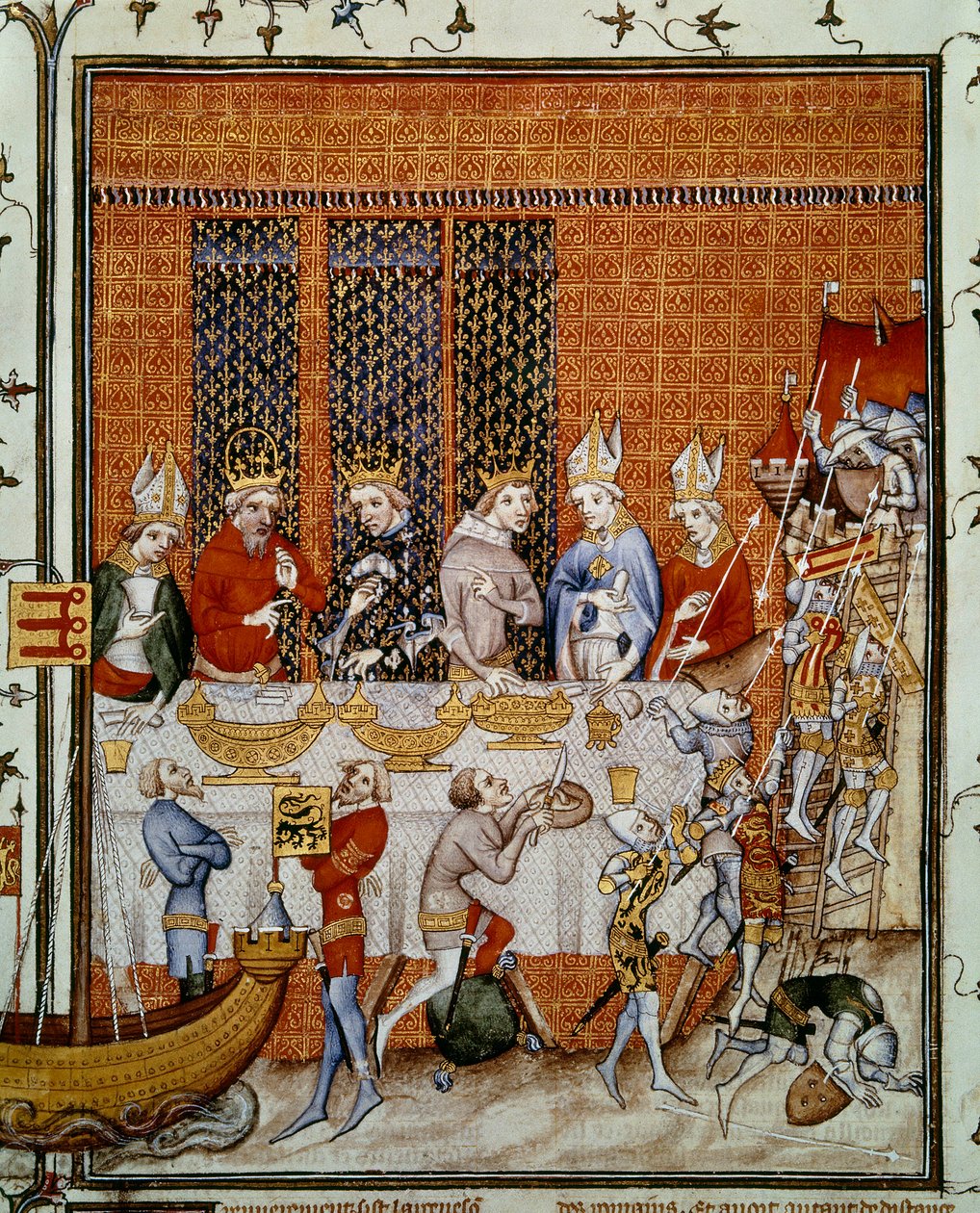 Ranskan kuninkaan Kaarle V:n (1338-1380) tarjoamat juhlat Citen palatsissa keisari Kaarle IV:n (1316-1378) ja Böömin kuninkaan Vencesla IV:n (1363-1419) kunniaksi. Pienoiskuva Jean Fouquet