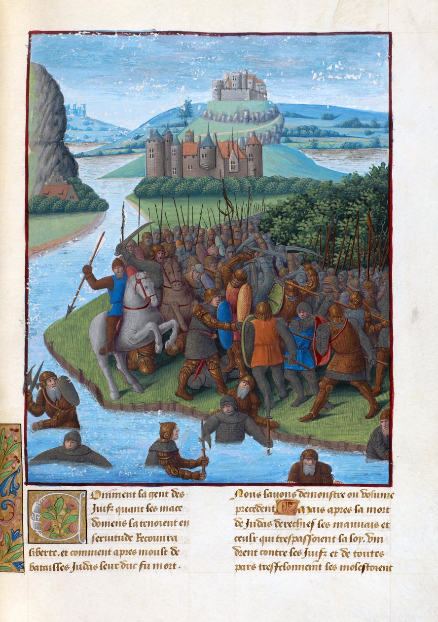 Taistelu makkabeiden ja seleukidien välillä (Maccabean Revolt) - Taistelu makkabealaisten ja seleukidien välillä. Kuvitus kirjassa Flavius ​​​​Josephus ""Juutalaisten antiikki"" (Antiquitatum Iudaica, Fouquet, Jean (1420-1481). Gouassi pergamentilla, L tekijältä Jean Fouquet