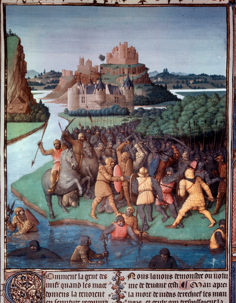 Taistelu juutalaisten ja makedonialaisten välillä Pienoiskuva otettu Jean Fouquetin (1420-1481) "Muinaisten juutalaisten kirjasta" (juutalaiset antiikkiesineet) 1400-luvun Pariisi, B.N. tekijältä Jean Fouquet