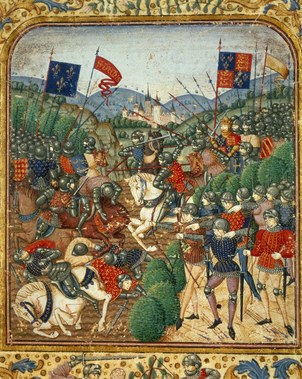 Azincourtin taistelu (1415). Englannin Henrik V voitti satavuotisen sodan aikana Ranskan Armagnacs-puolueen - Jean Fouquet
