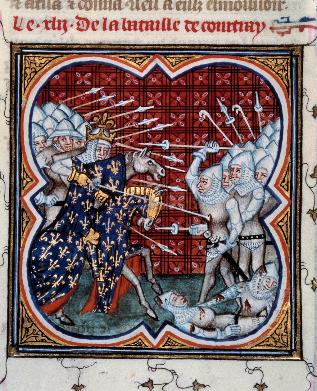 Kortrijkin taistelu Philip IV Belin (1268-1314) ja flaamilaisten ns. Golden Spurs -taistelun välillä 11.7.1302 Miniatyyri otettu Jean Fouquet