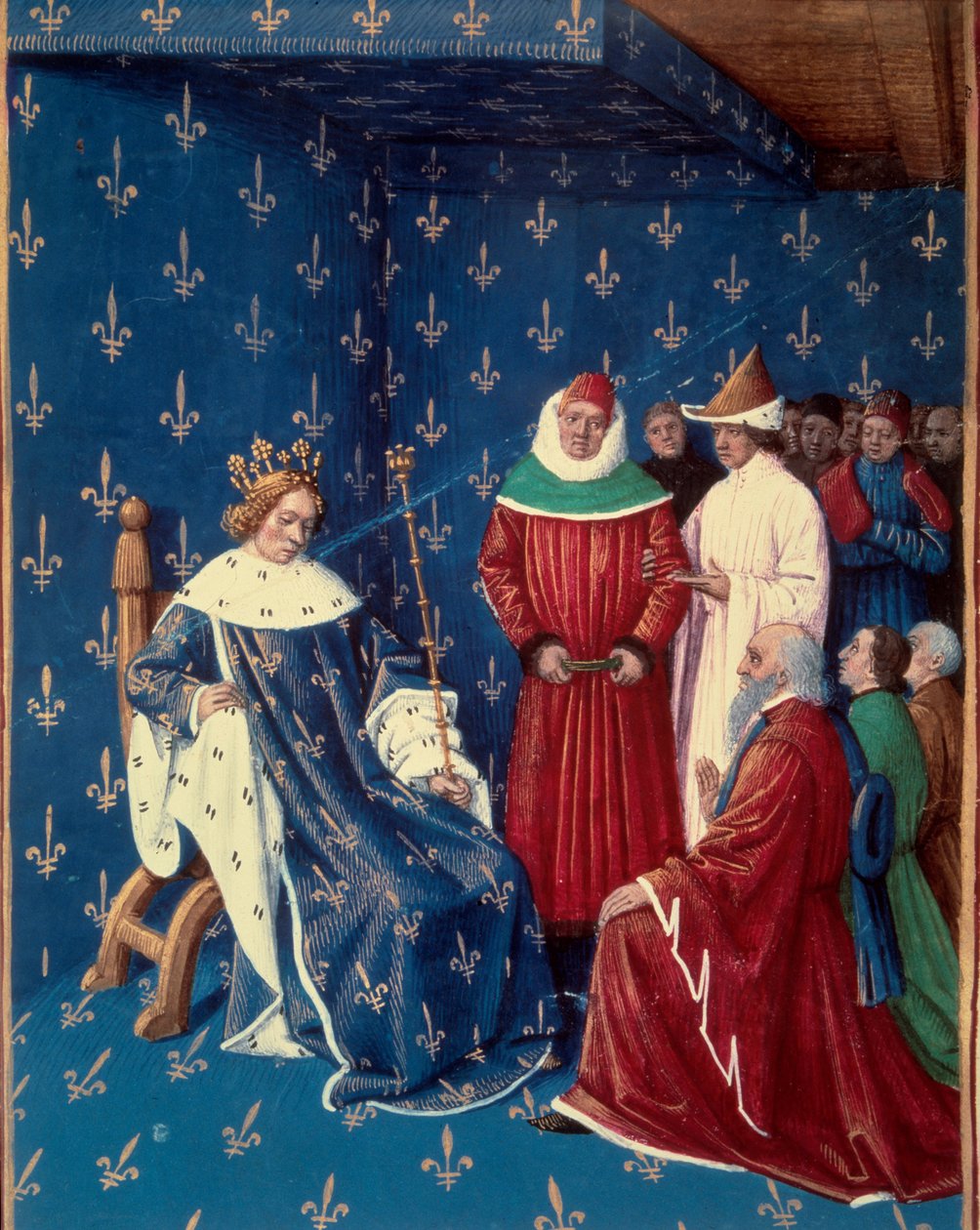Kaarle V (1338-1380) otti vastaan vuonna 1377 Pyhän saksalaisen keisarikunnan keisarin Kaarle IV:n (1316-1378) lähettiläät. Pienoiskuva Jean Fouquet