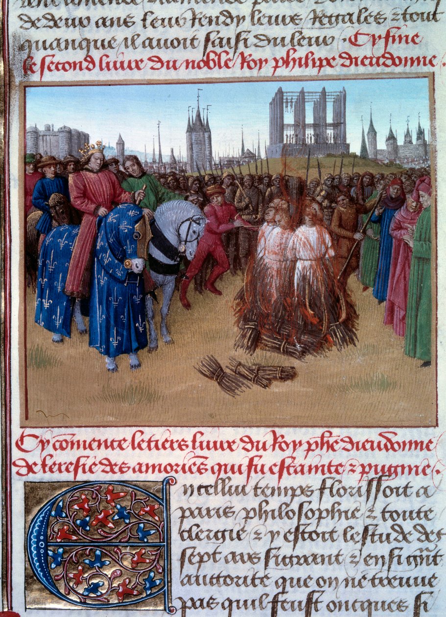 Amaurikien (1100-luvun ranskalaisen filosofin ja teologin Amaury de Chartresin kannattajien) tuomitseminen ja kidutus Philip II:n, joka tunnetaan nimellä Philip Auguste (1165-1223), läsnäollessa. Käsikirjoitus "" Grandes Chronicles de France "" (Folio 236 tekijältä Jean Fouquet