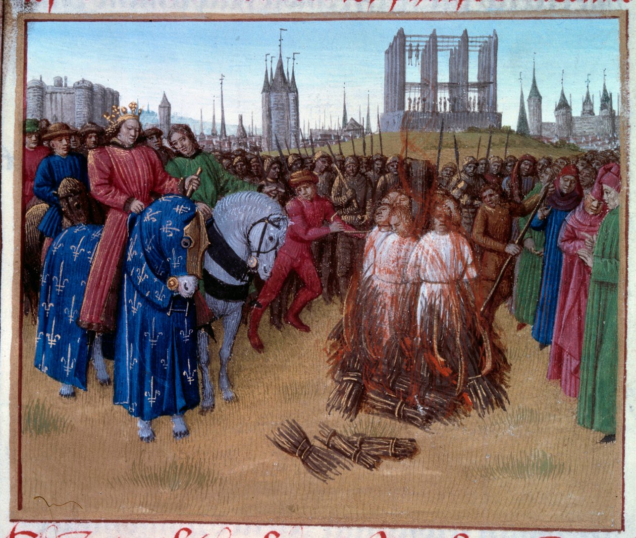 Amaurikien (1100-luvun ranskalaisen filosofin ja teologin Amaury de Chartresin kannattajien) tuomitseminen ja kidutus Philip II:n, joka tunnetaan nimellä Philip Auguste (1165-1223), läsnäollessa. Käsikirjoitus "" Grandes Chronicles de France "" (Folio 236 tekijältä Jean Fouquet