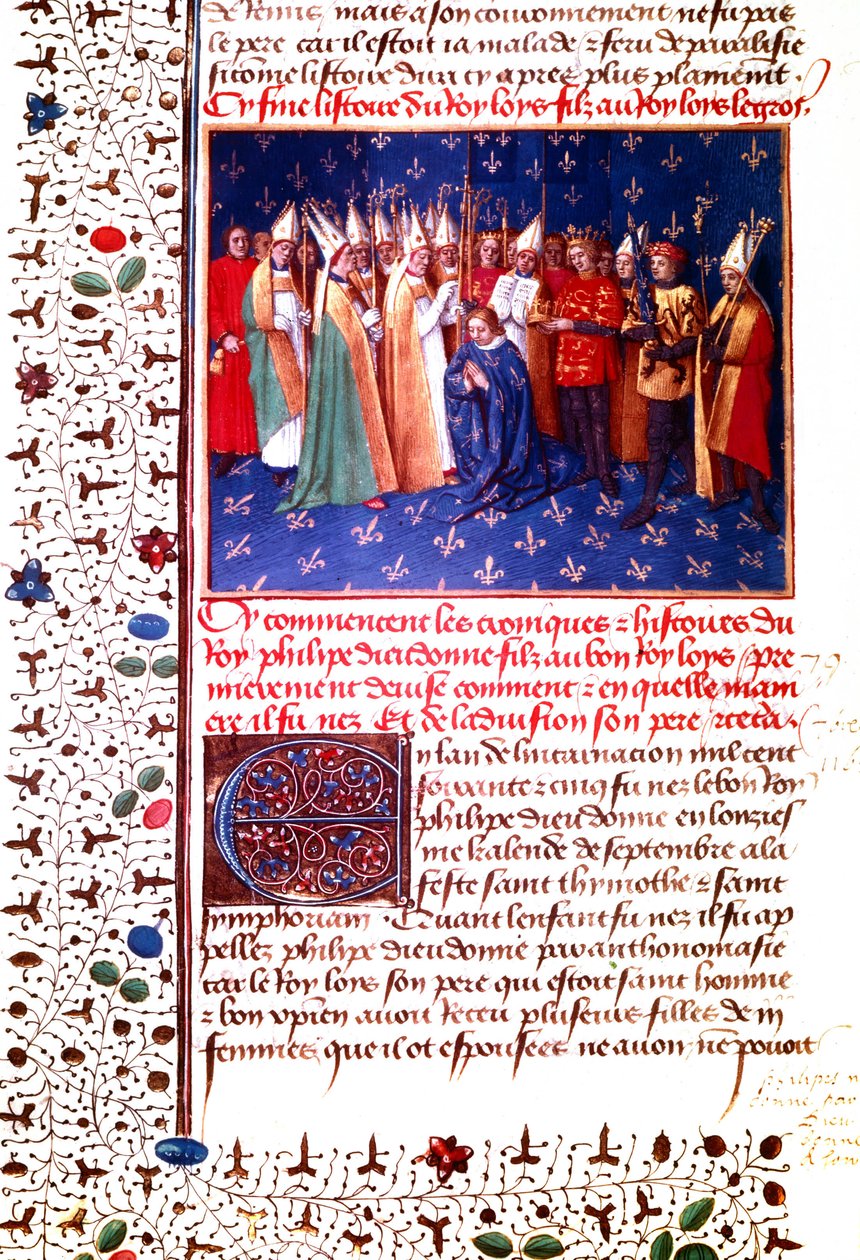 Ranskan kuninkaan Philippe II Augusten kruunajaiset vuonna 1179, n. 1455-60 (pienoiskuvaus) tekijältä Jean Fouquet