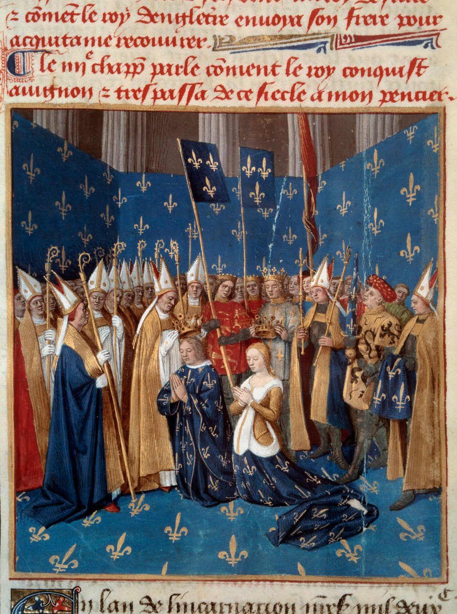 Ludvig VIII:n (1187-1226) ja Blanche de Castillen (1188-1252) kruunaus Reimsissä vuonna 1224 Pienoiskuva Jean Fouquet